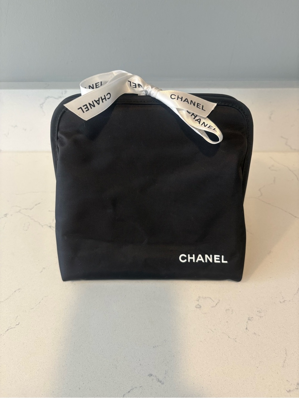 CHANEL Black Nylon Cosmetic Pouch with White Logo Ribbon